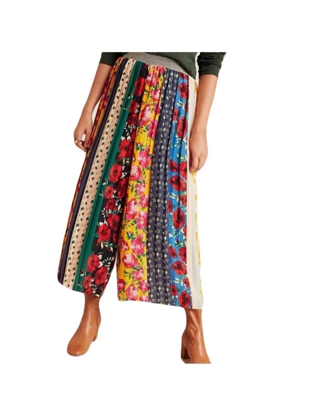 Anthropologie Multi-Striped Pleated Floral Wide Leg Pants- Multicolor Large